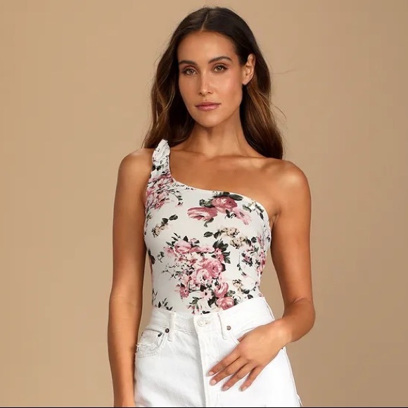 Lulus Tops - NEW Ivory Floral Print Knotted One-Shoulder Bodysuit